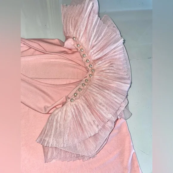 LAST SALE PRICE TOP FROTHY PLEATED LAYERS TULLE SLEEVE ROSE SIZE SMALL STRETCH - Picture 8 of 13